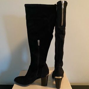 Marc Fisher “Erica “ tall black suede knee high boots with silver zipper.